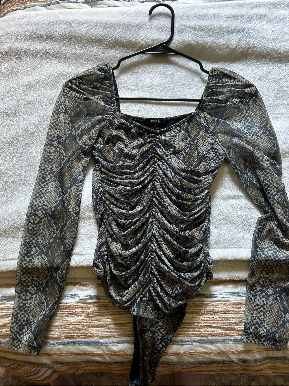 Ruched Snake-Print Long Sleeve Bodysuit - Gray/Brown